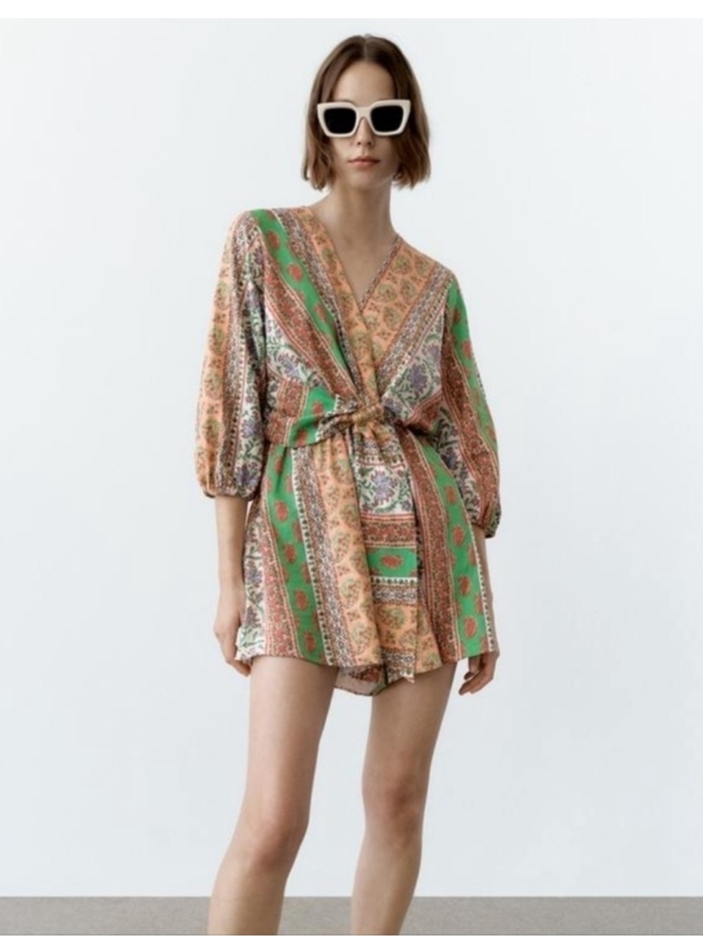 Zara Patchwork Paisley Romper in Green & Peach Size XLarge